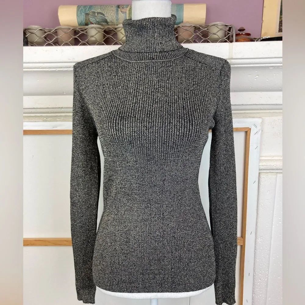 Alex Marie BNWT Ingrid ribbed black & gold metallic stretchy Turtleneck